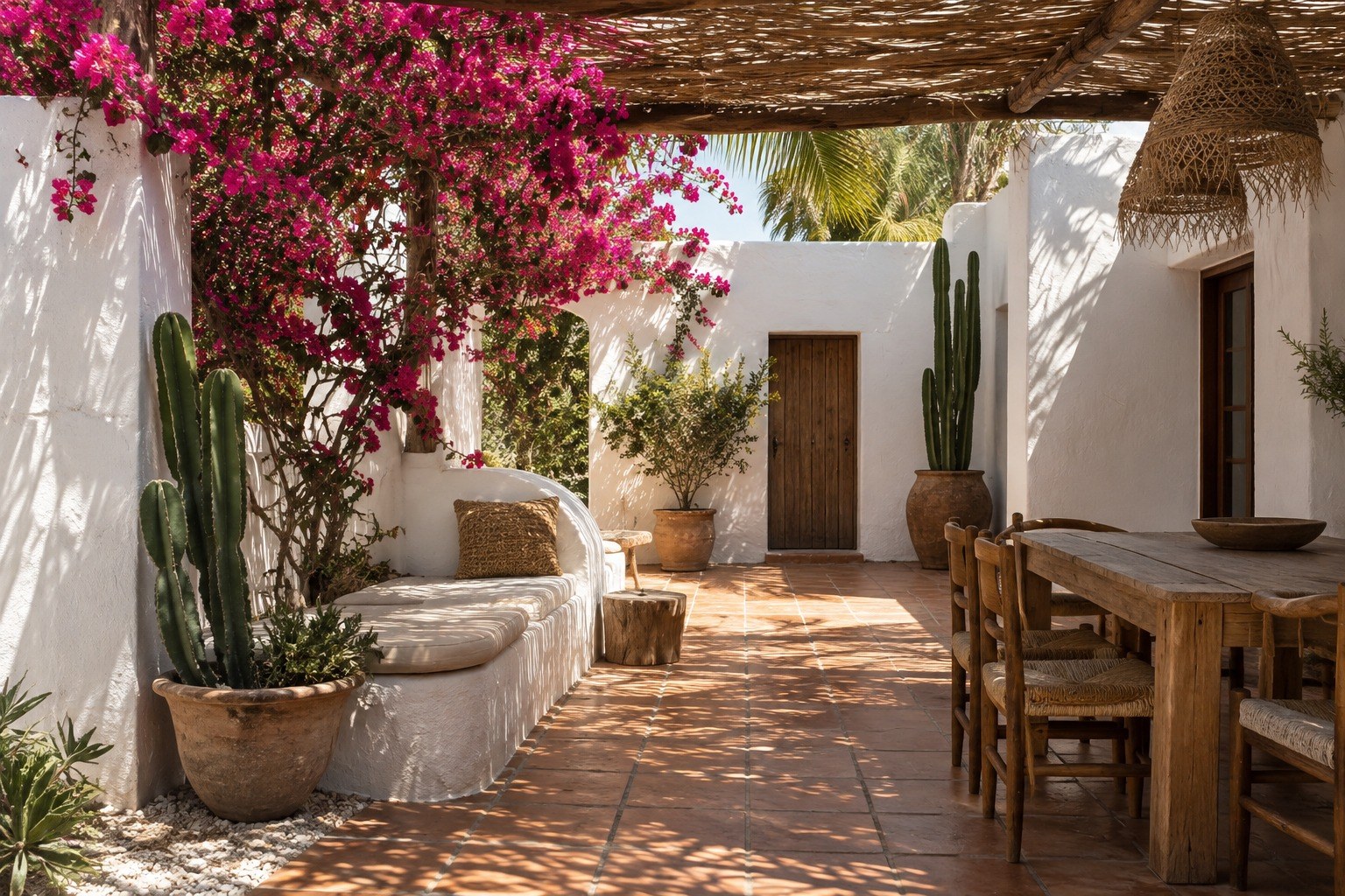 A shaded Baja courtyard with bougainvillea, illustrative
